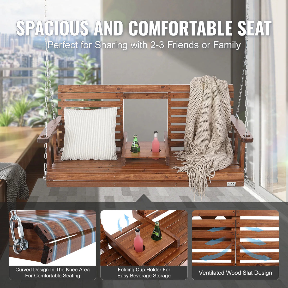 SucceBuy Wooden Porch Swing With Steel Chains For Patio Seating