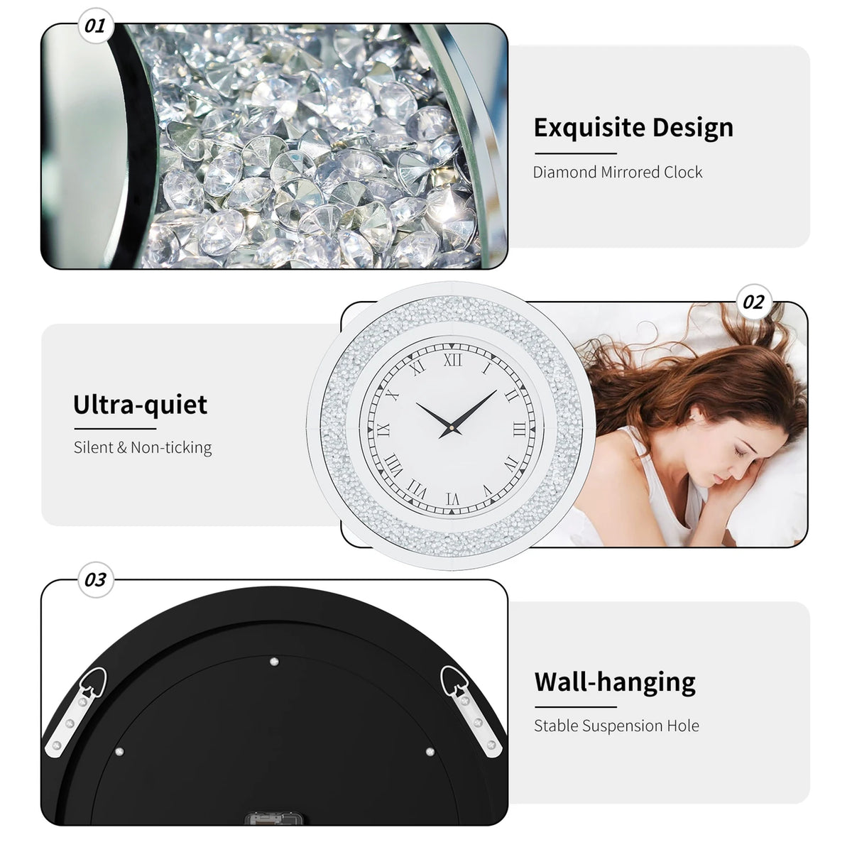 Round Mirror Wall Clock Crystal Sparkle Non-Ticking Alarm Movement