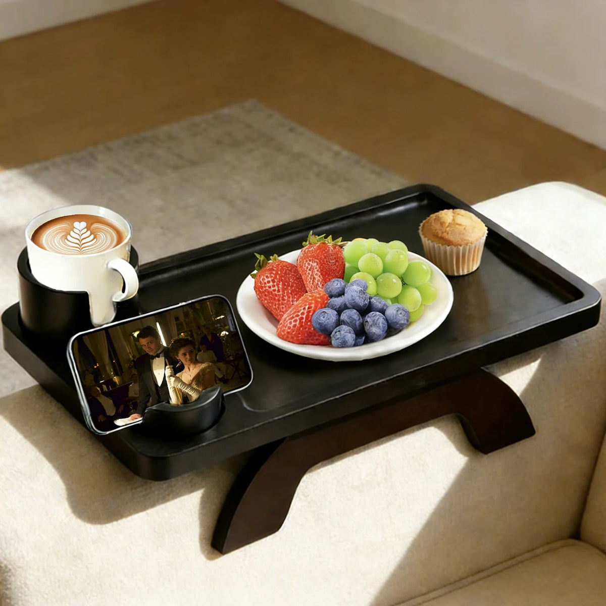 JHK Foldable Sofa Armrest Tray With Phone And Cup Holders