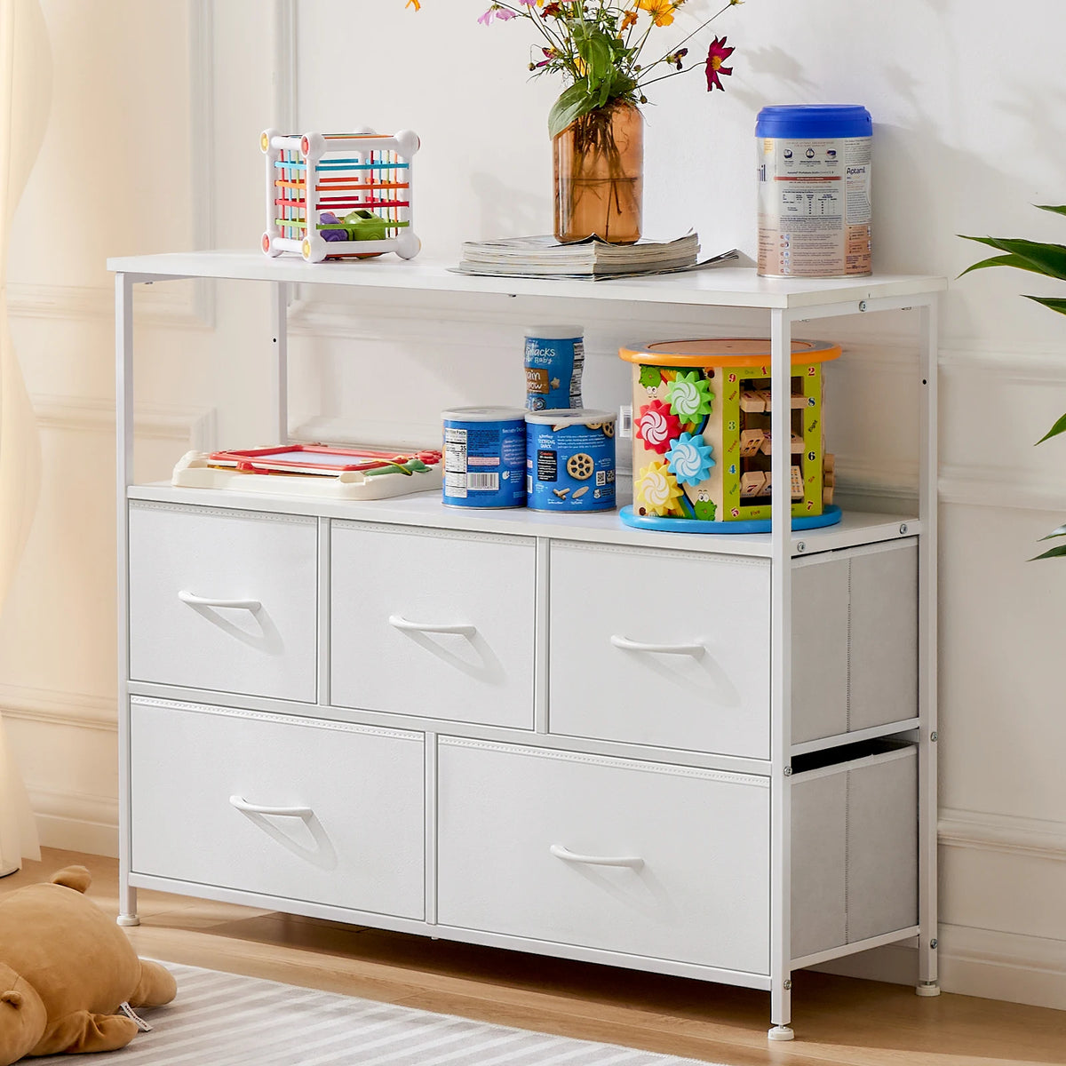 JHK Modern Fireplace TV Stand With Five Fabric Storage Drawers