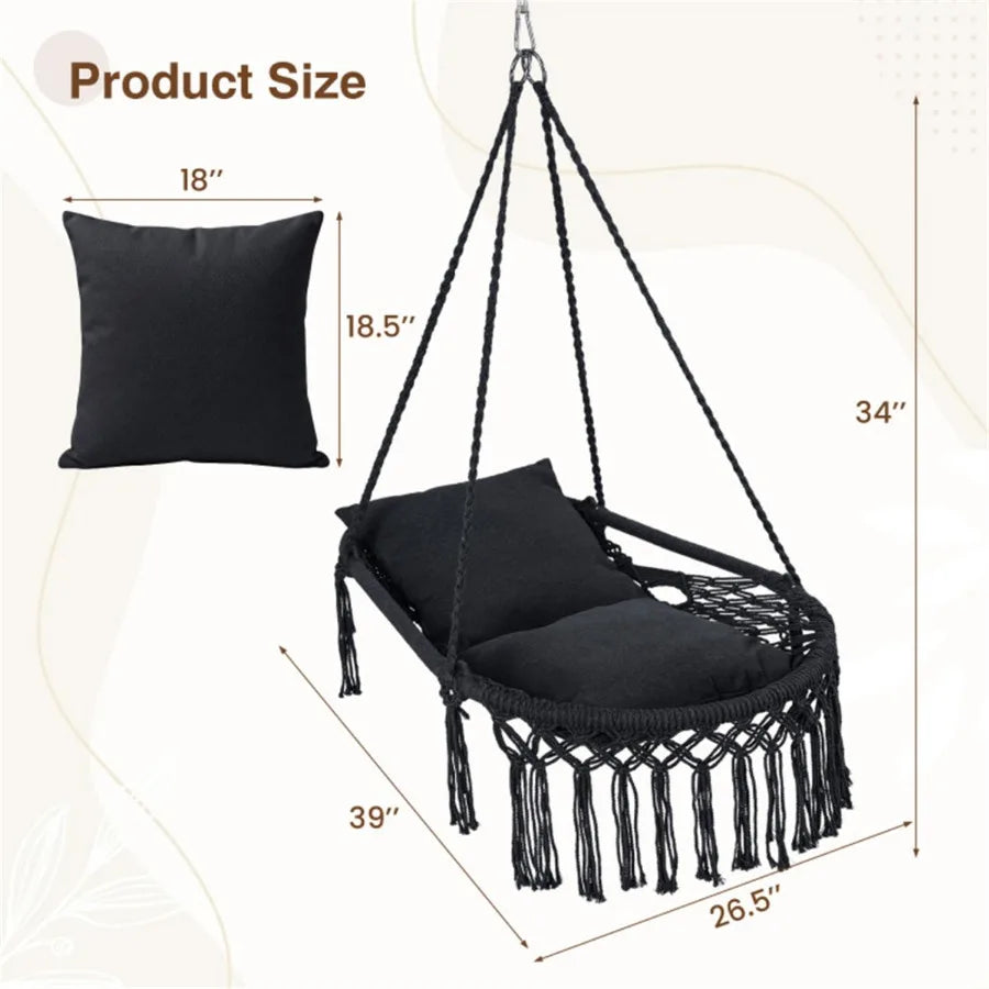 Boho Macrame Swing Chair With Cushions For Indoor Outdoor Use
