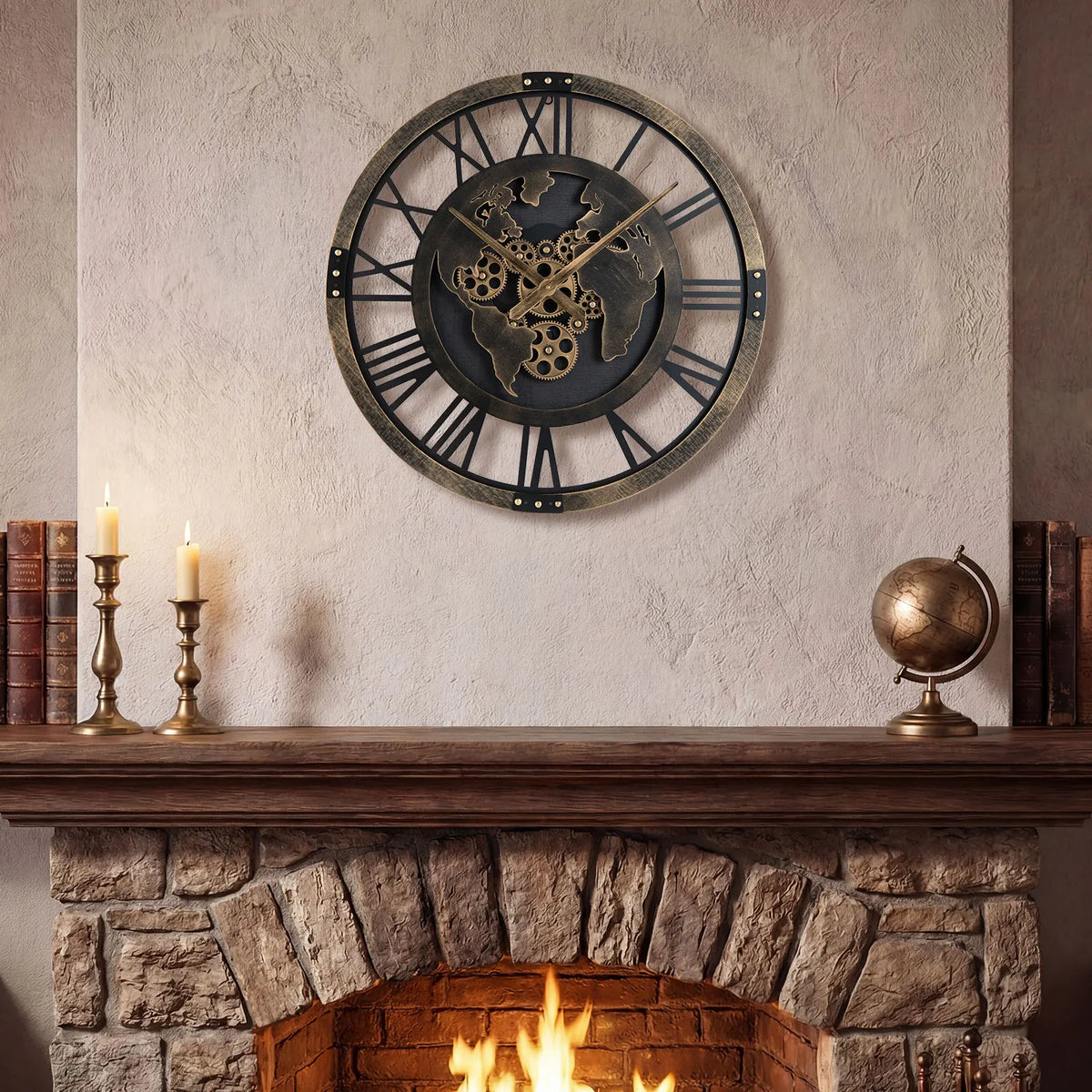 HOMASIS World Map Gear Wall Clock Decorative Silent Metal Design