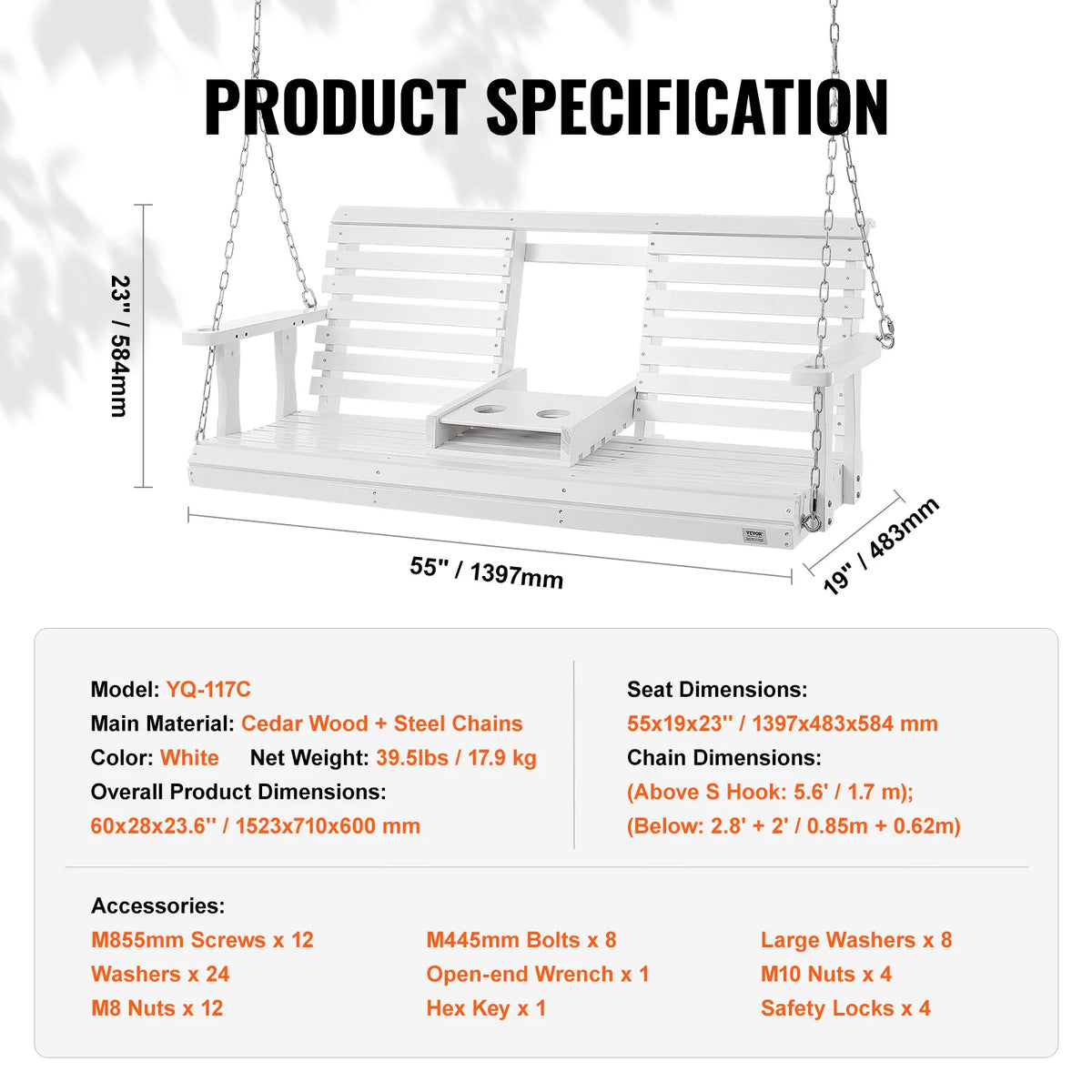 SucceBuy Wooden Porch Swing With Steel Chains For Patio Seating