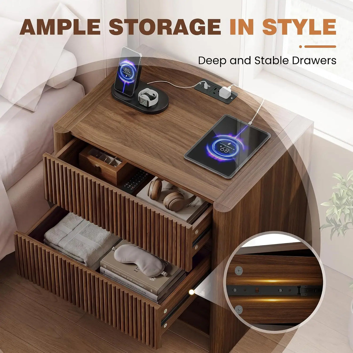 Novilla Fluted Wooden Nightstand With Integrated Charging Station