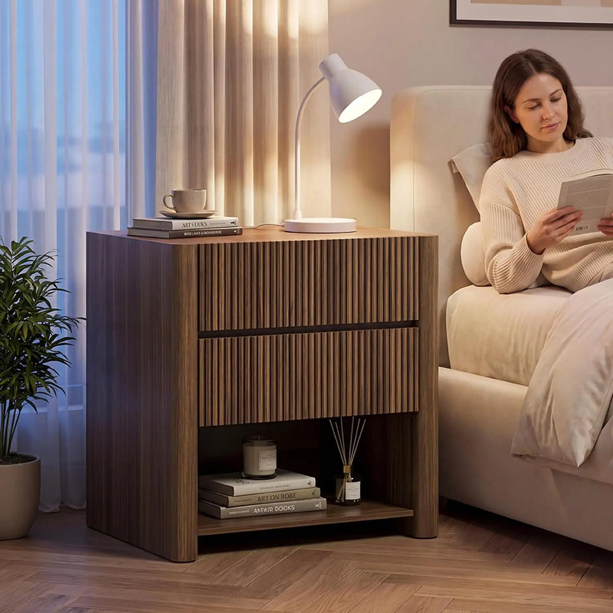 Novilla Fluted Wooden Nightstand With Integrated Charging Station