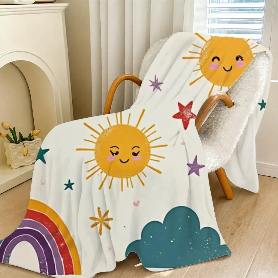 Decorative Flannel Throw Blanket Featuring Sun And Rainbow Motifs