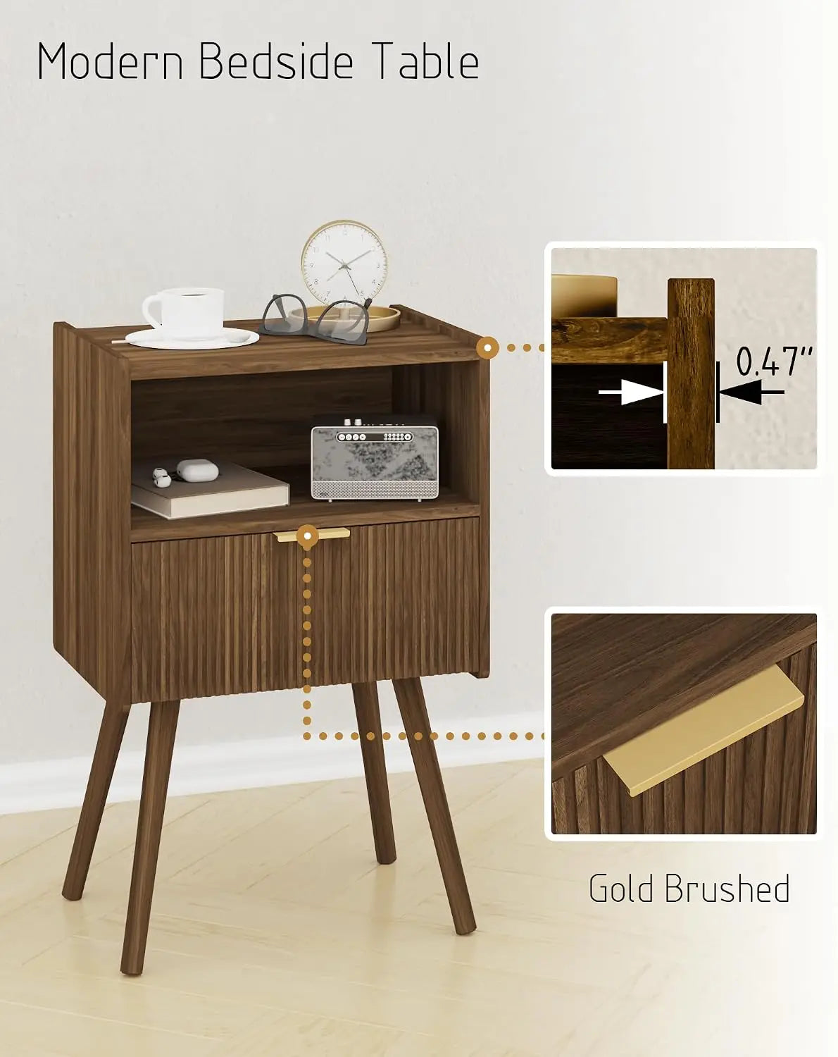 Novilla Modern Wood Nightstand With Storage Drawer And Shelf