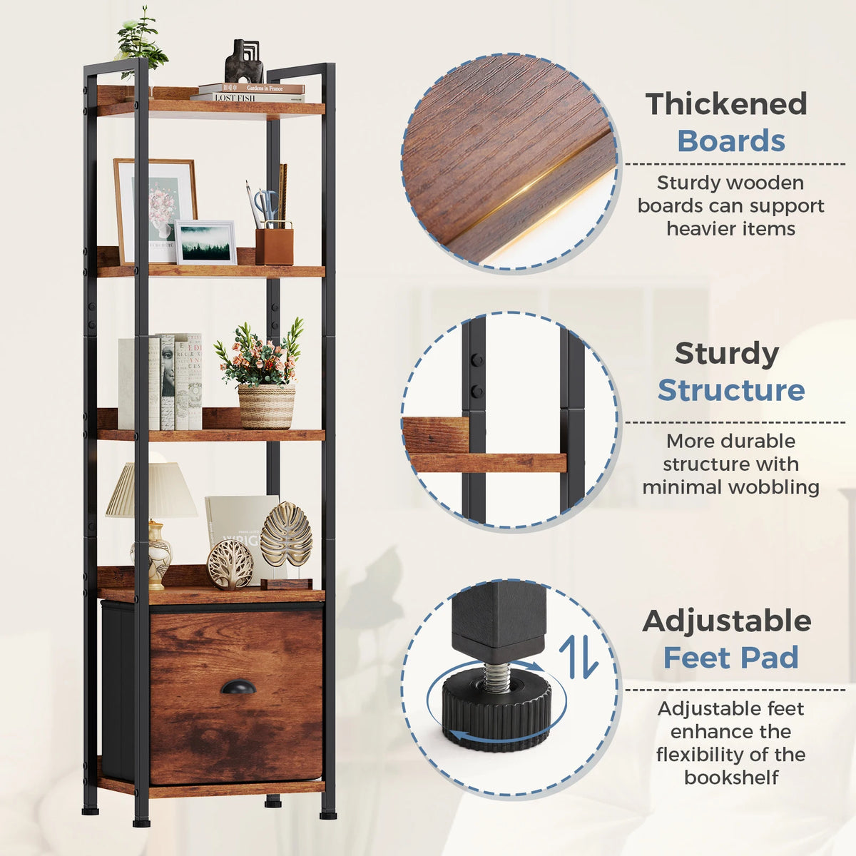 JHK Five Tier Wood Bookshelf With Fabric Drawer And Storage Organizer