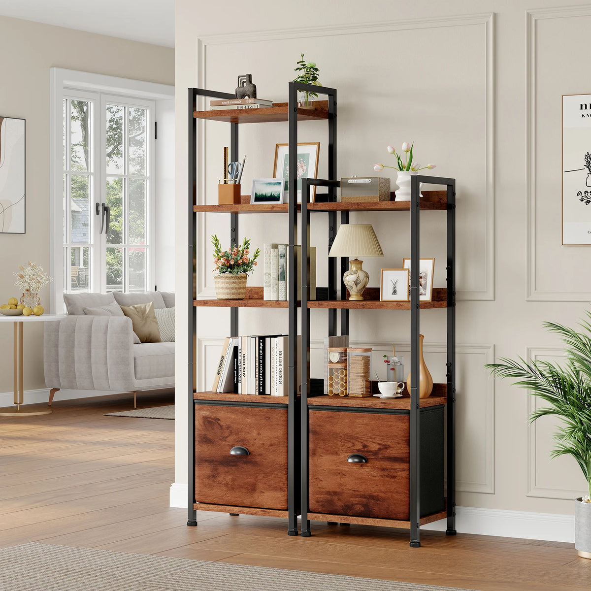 JHK Five Tier Wood Bookshelf With Fabric Drawer And Storage Organizer