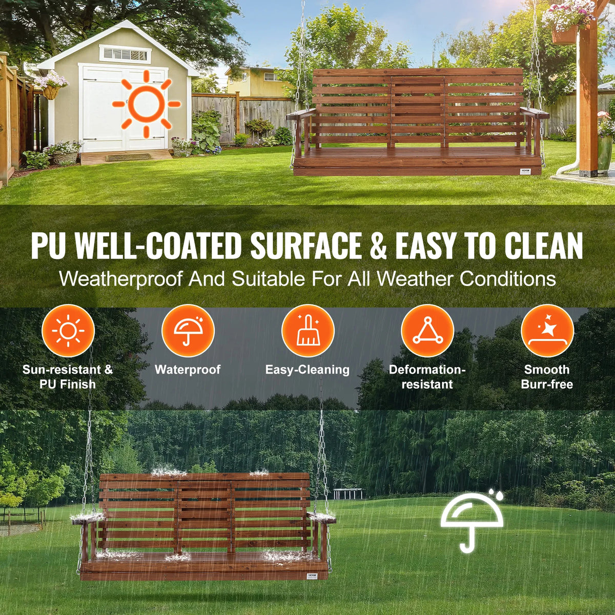 SucceBuy Wooden Porch Swing With Steel Chains For Patio Seating