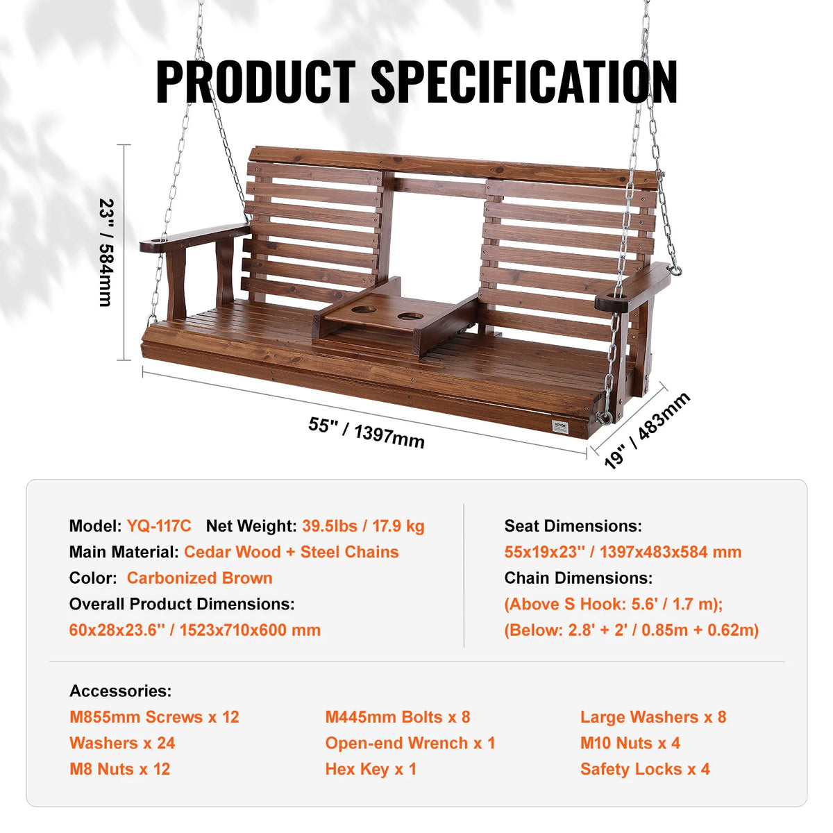 SucceBuy Wooden Porch Swing With Steel Chains For Patio Seating
