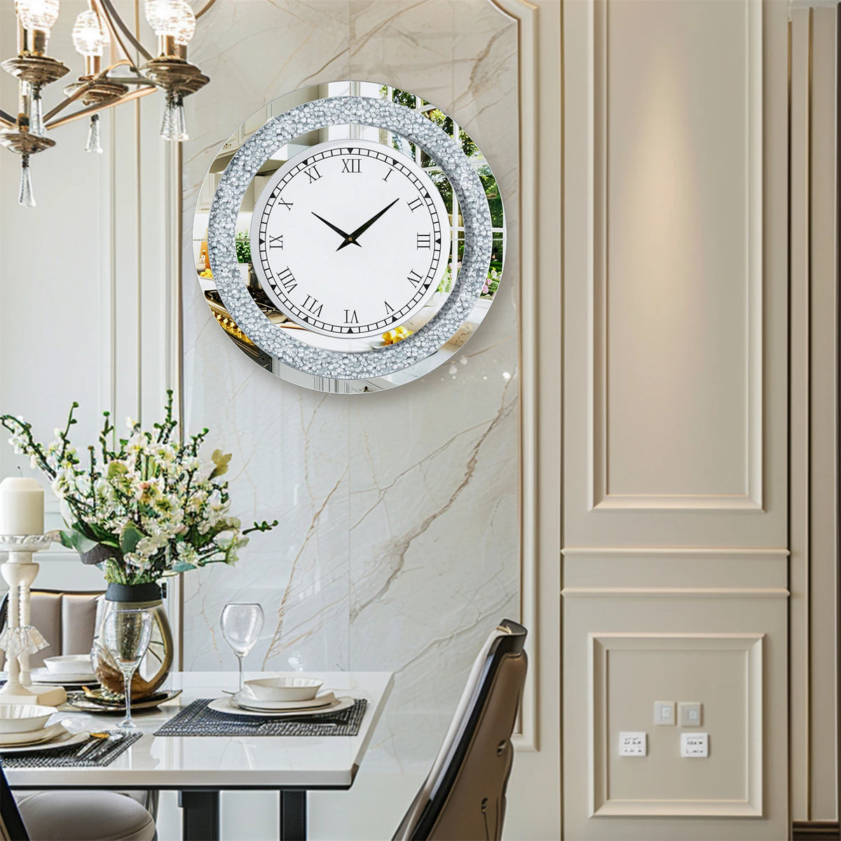 Round Mirror Wall Clock Crystal Sparkle Non-Ticking Alarm Movement