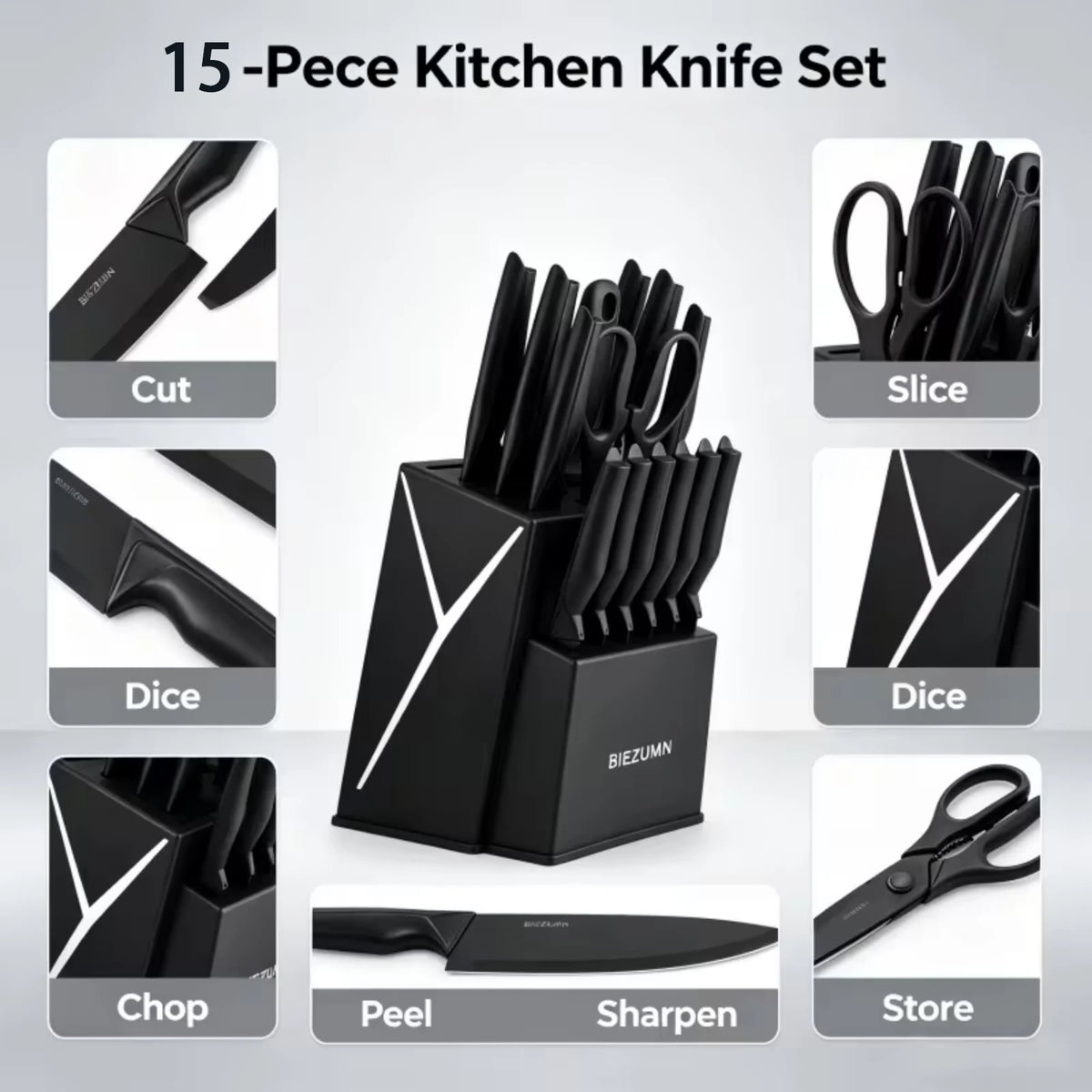 Stainless Steel Kitchen Knife Set With Block And Integrated Sharpener