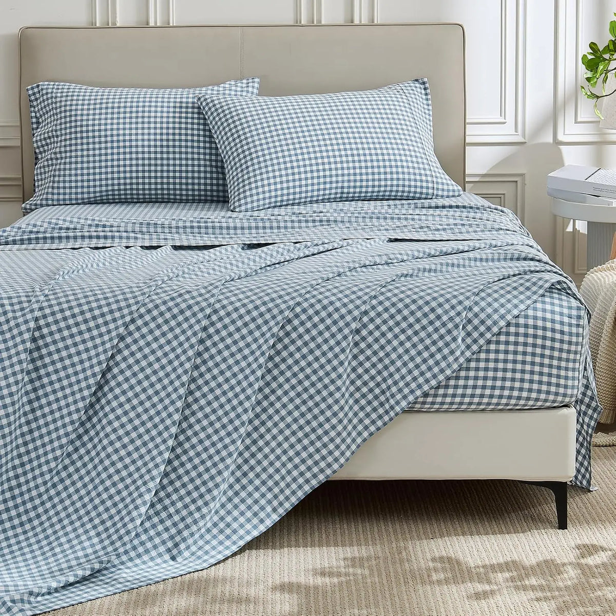 Gingham Washed Cotton Sheet Set Soft Deep Pocket Bedding