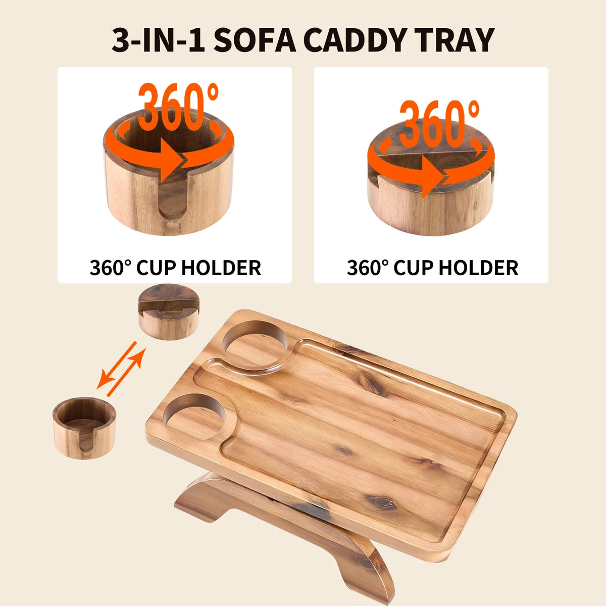 JHK Foldable Sofa Armrest Tray With Phone And Cup Holders
