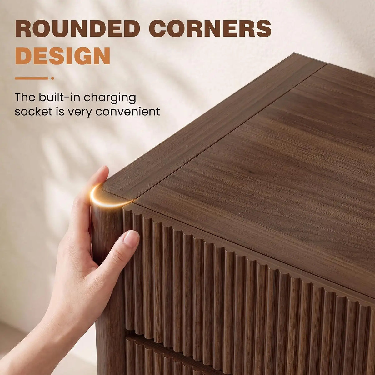 Novilla Fluted Wooden Nightstand With Integrated Charging Station
