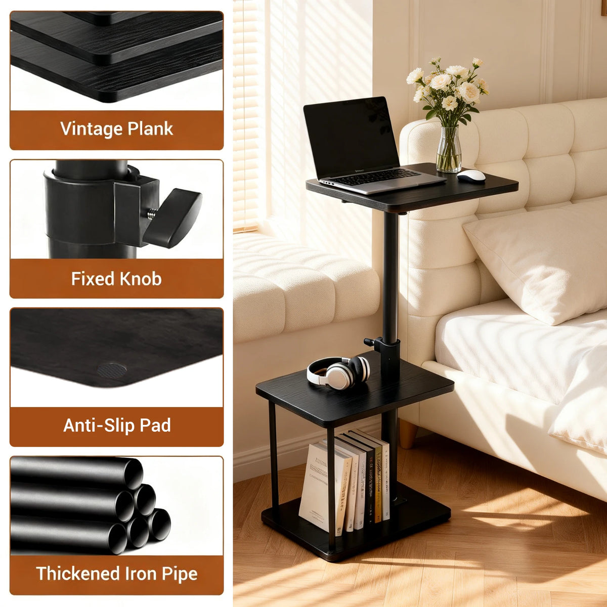HiMISS Adjustable Swivel Couch Side Table With Storage Shelf