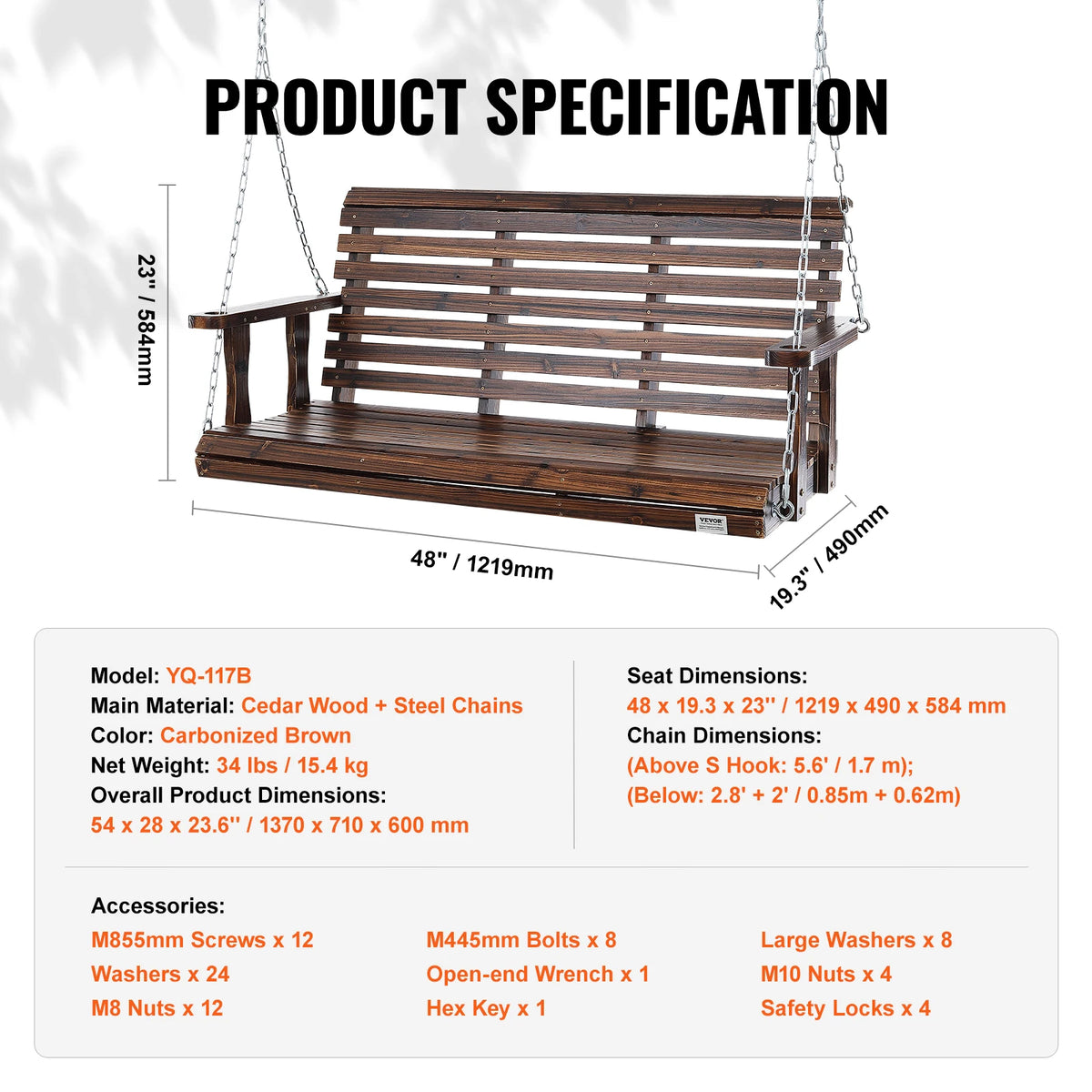 SucceBuy Wooden Porch Swing With Steel Chains For Patio Seating