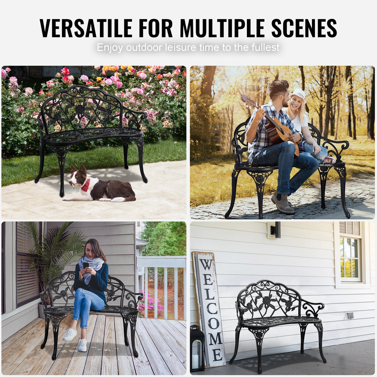 SucceBuy Wooden Outdoor Garden Bench With Sturdy Metal Patio Frame