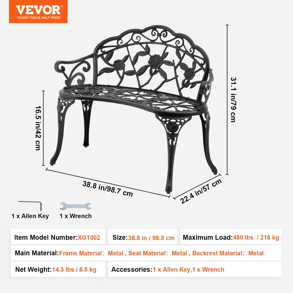 SucceBuy Wooden Outdoor Garden Bench With Sturdy Metal Patio Frame