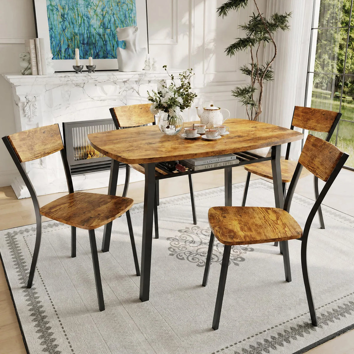 HiMISS Antique Dining Set With Four Chairs And Storage Shelf