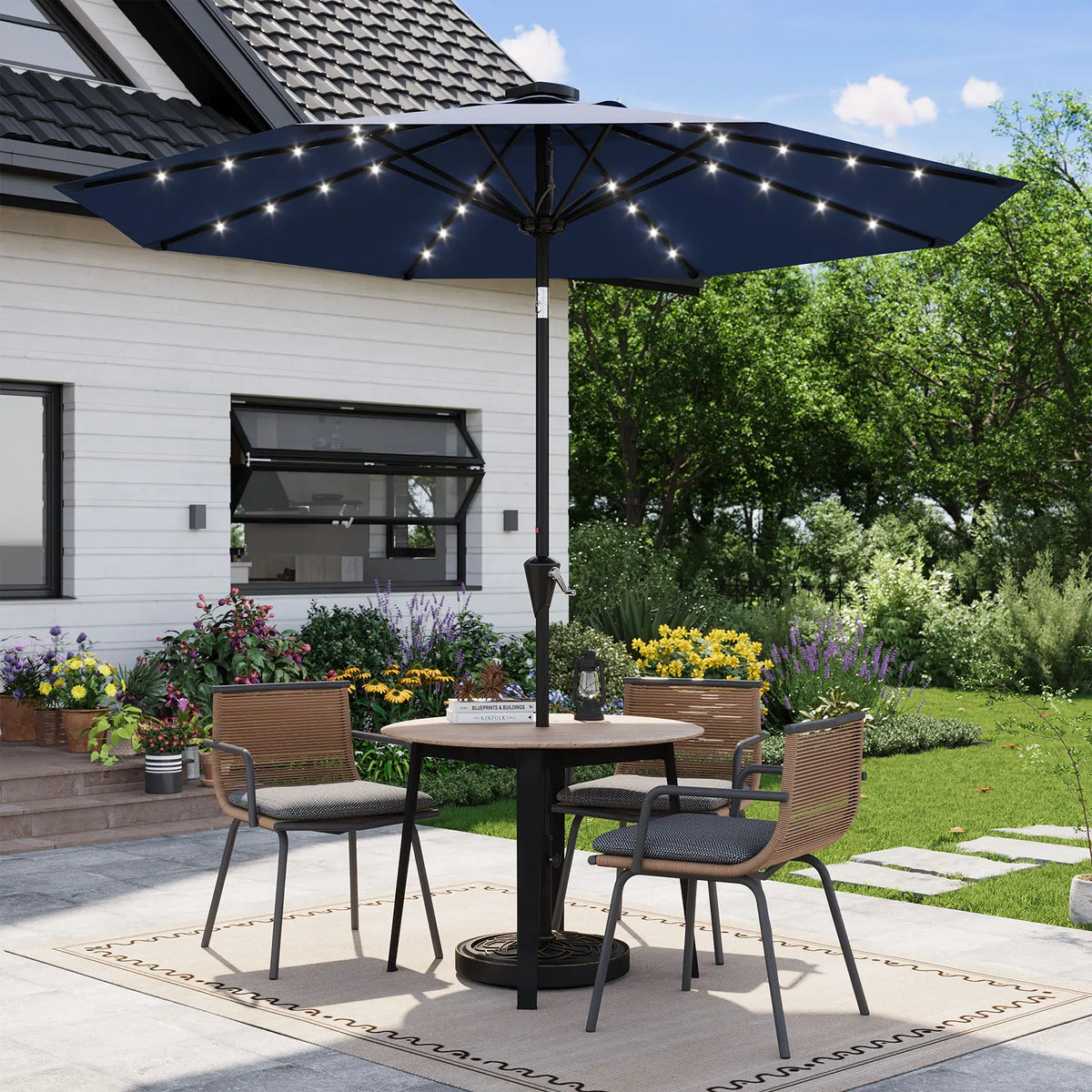 HiMiss Solar Patio Umbrella With LED Lights And UV Protection