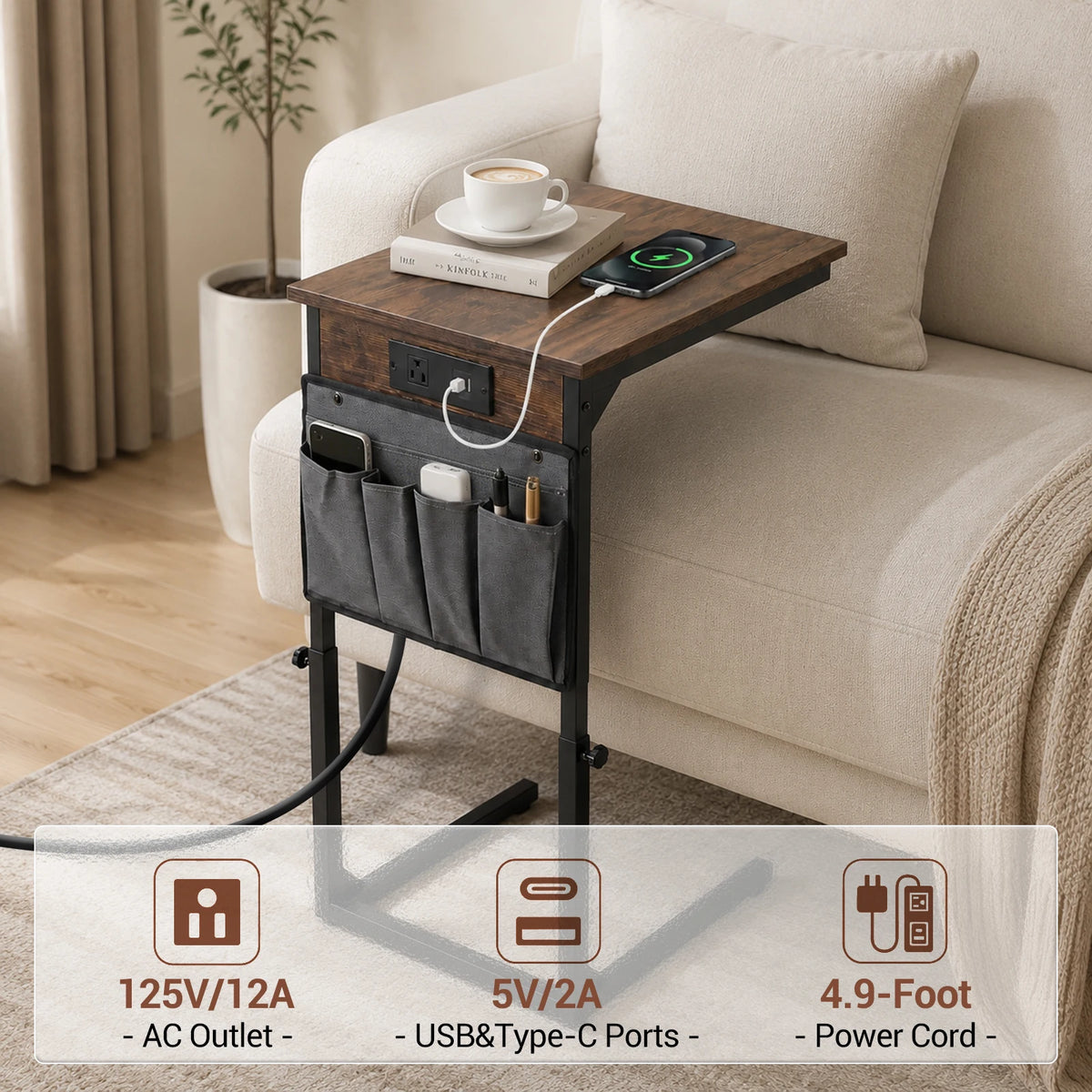 HiMISS Adjustable C Shaped End Table With USB Charging Station