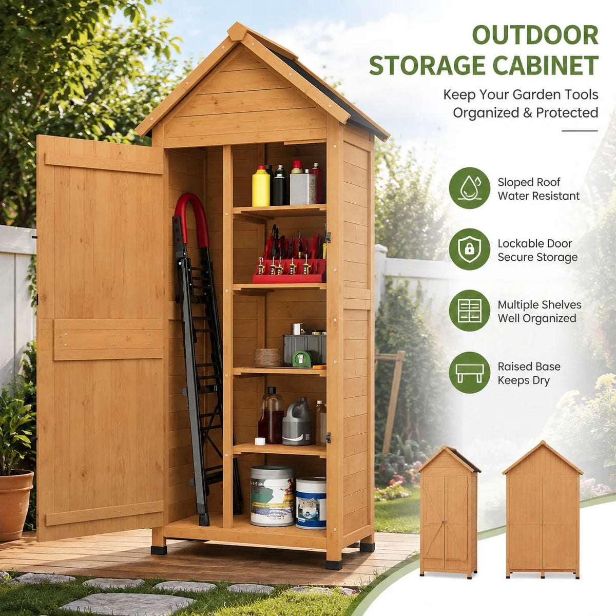 Outdoor Wooden Garden Storage Cabinet With Lockable Door And Shelves