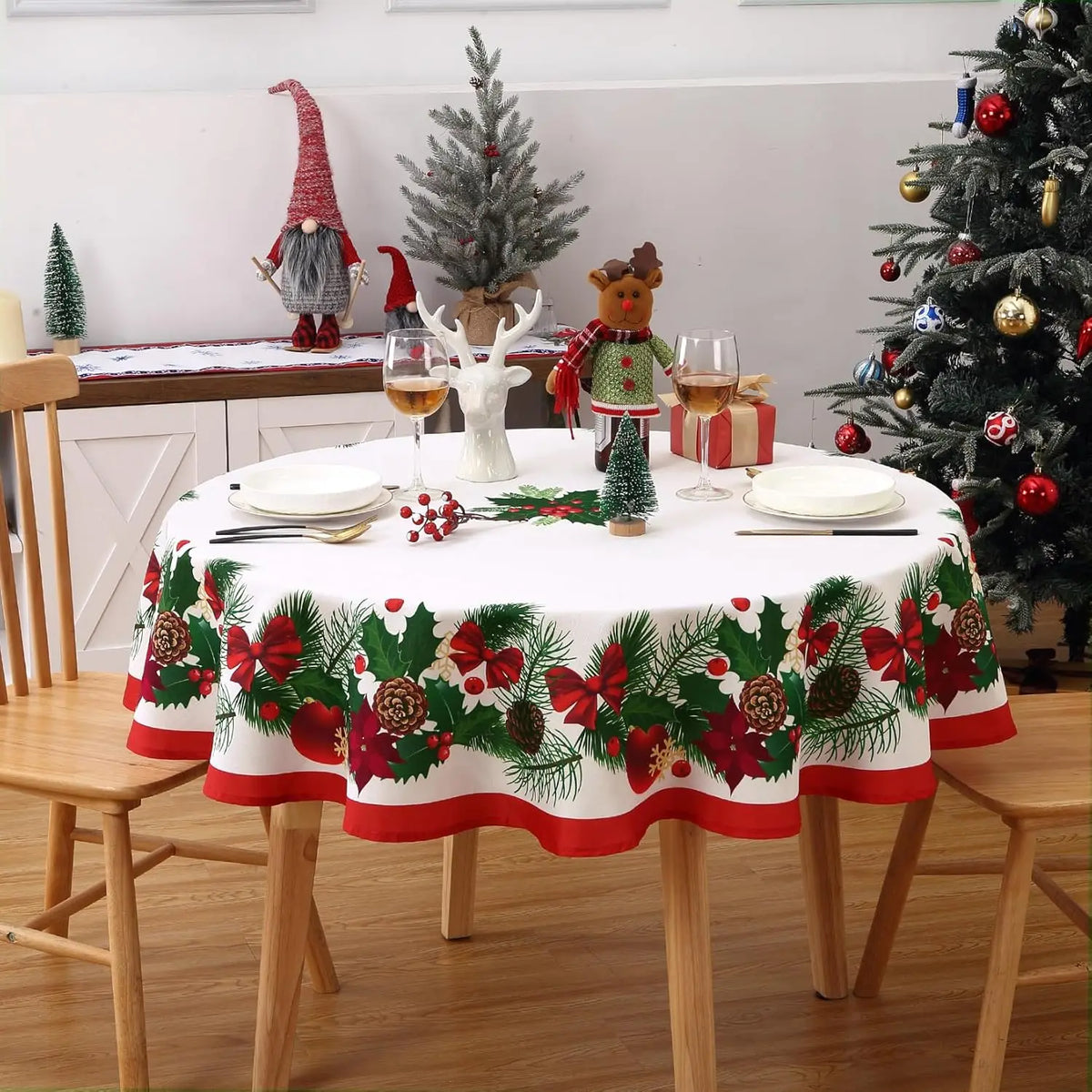 HiMISS Washable Christmas Tablecloth Reusable Festive Dining Room Cover
