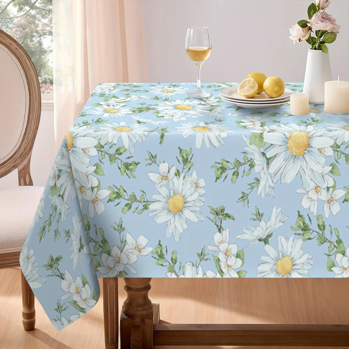 Rectangular Daisy Floral Polyester Tablecloth for Dining and Picnics