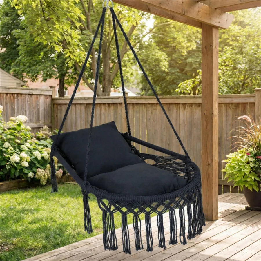 Boho Macrame Hanging Swing Chair With Padded Cushions