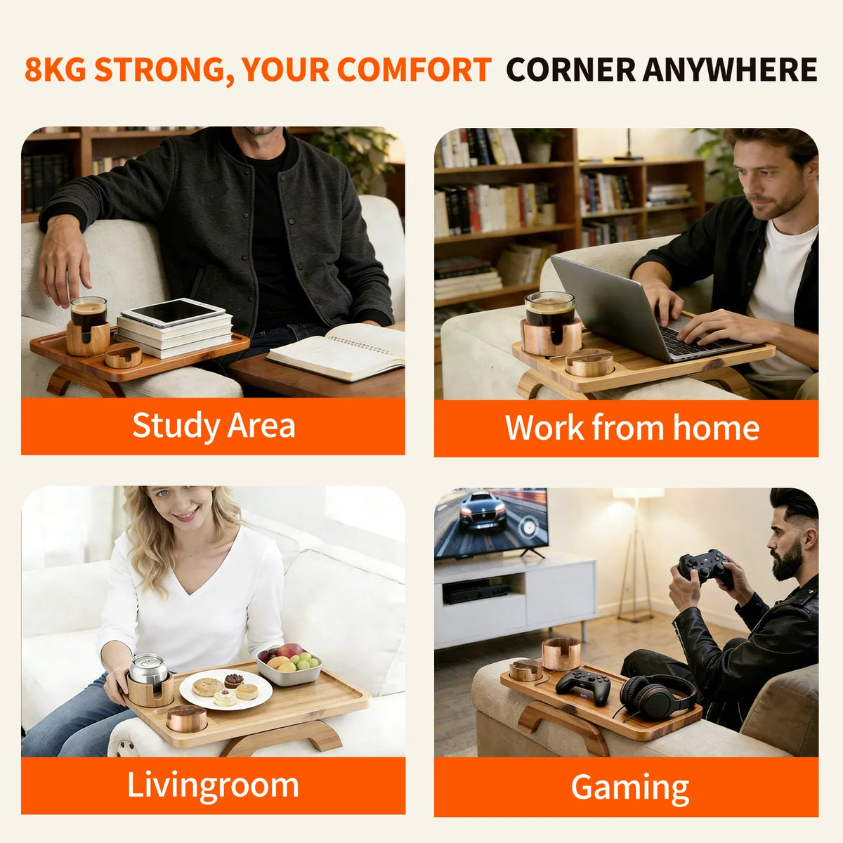 JHK Foldable Sofa Armrest Tray With Phone And Cup Holders