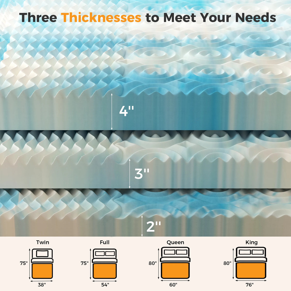 JHK Gel Memory Foam Mattress Topper 5 Zone Relief Cooling
