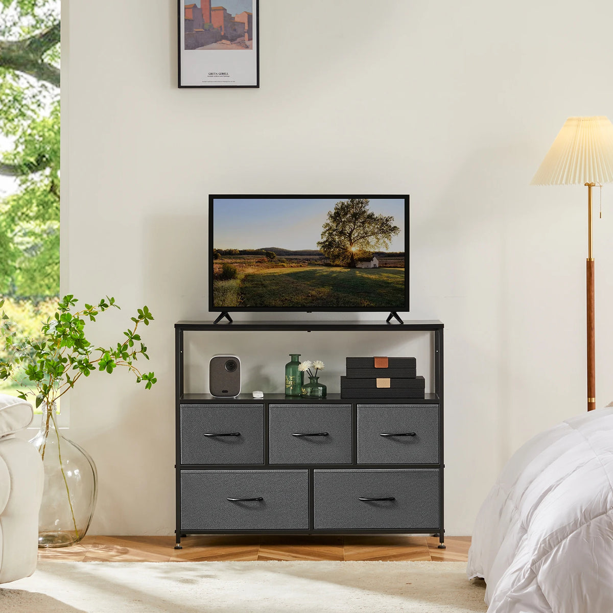 JHK Modern Fireplace TV Stand With Five Fabric Storage Drawers