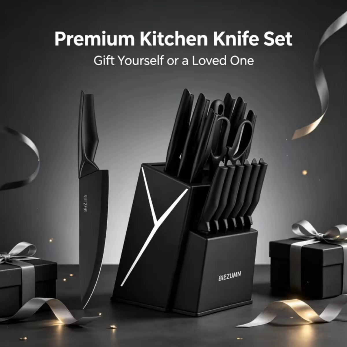 Stainless Steel Kitchen Knife Set With Block And Integrated Sharpener