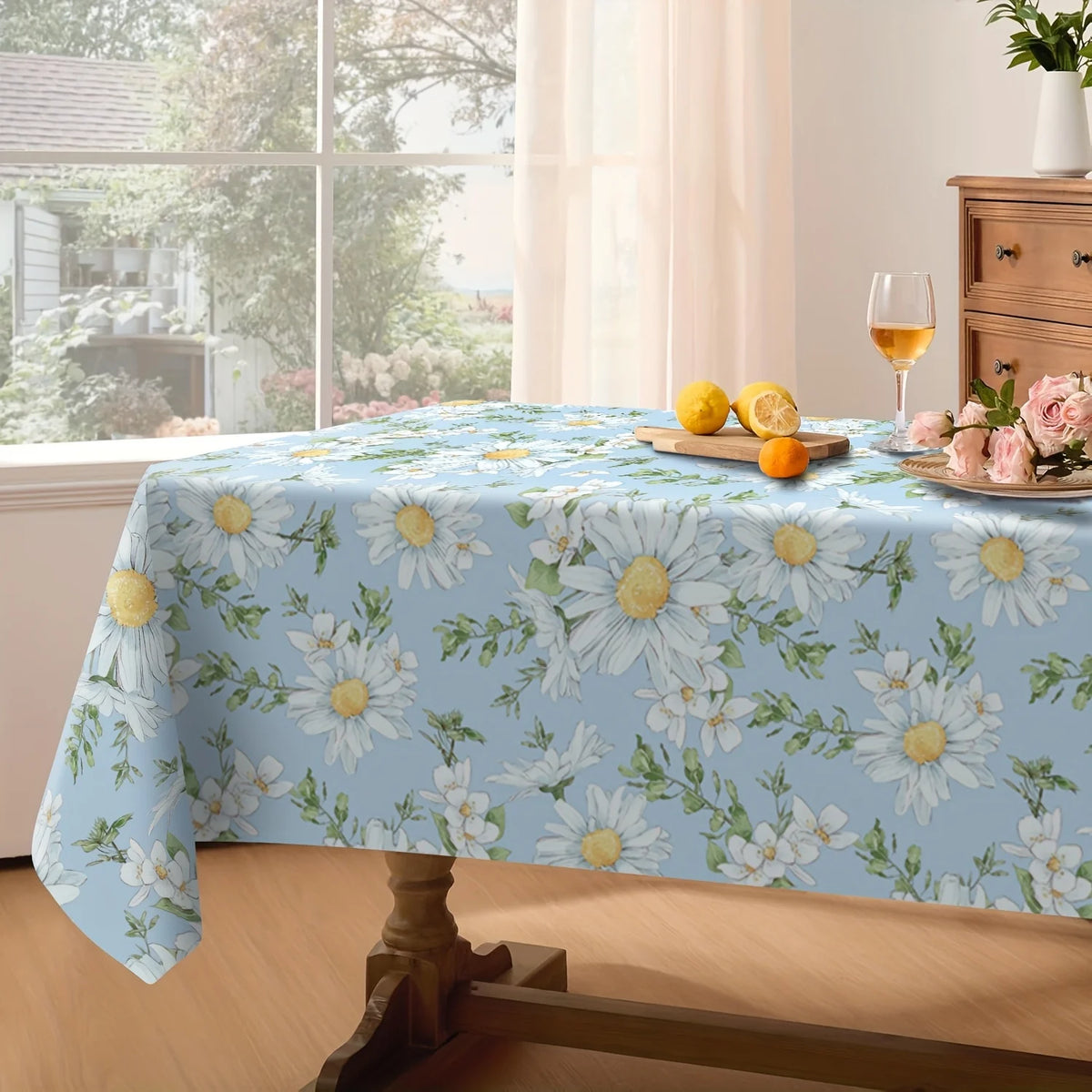 Rectangular Daisy Floral Polyester Tablecloth for Dining and Picnics