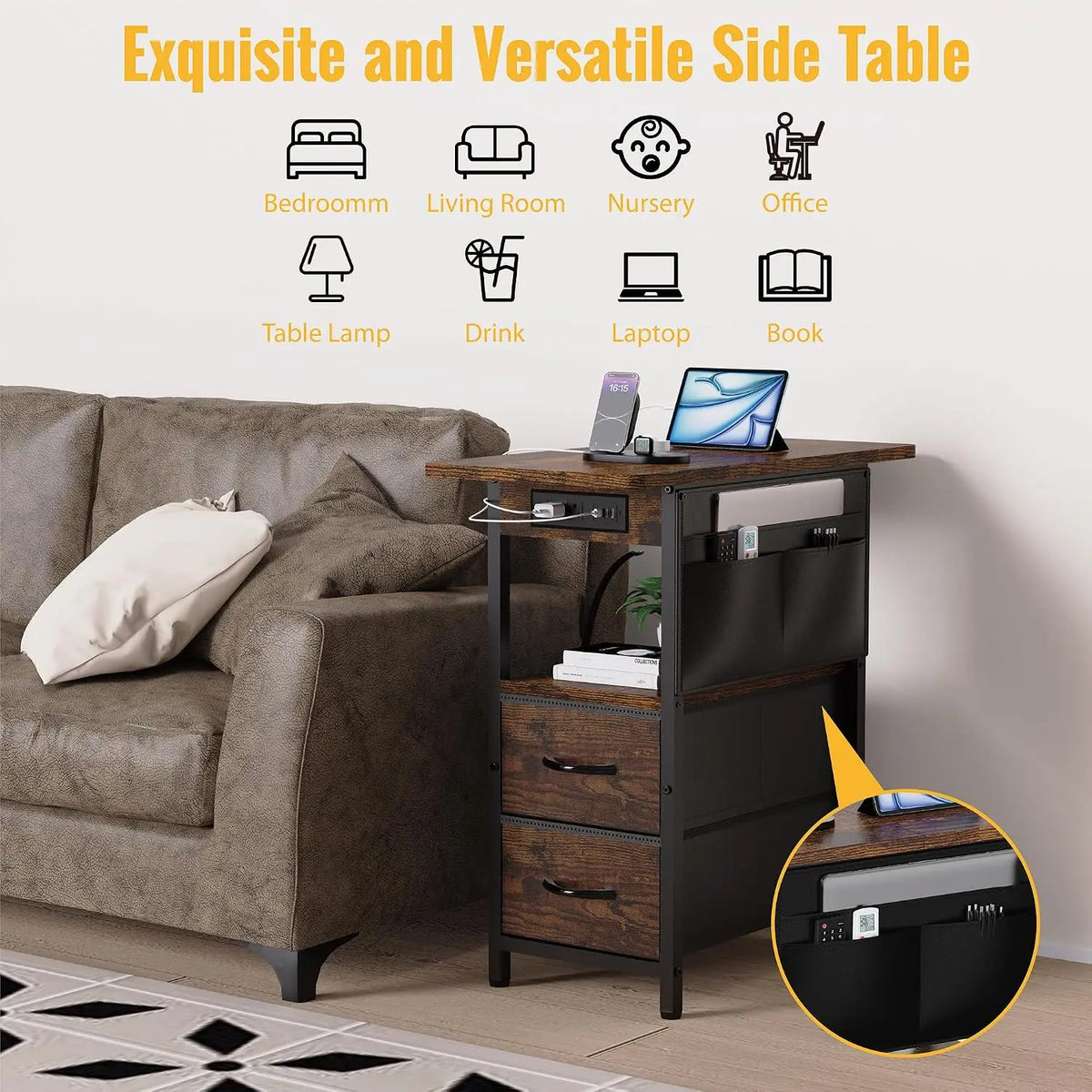 Novilla End Table With Charging Station And Storage Shelf