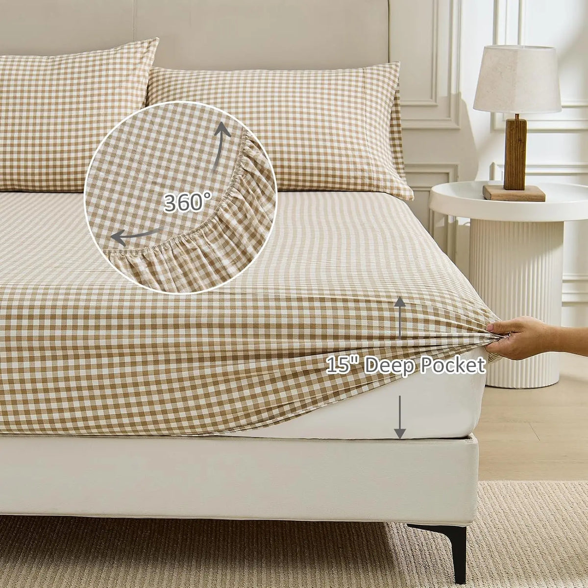 Gingham Washed Cotton Sheet Set Soft Deep Pocket Bedding