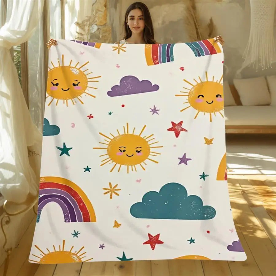 Decorative Flannel Throw Blanket Featuring Sun And Rainbow Motifs