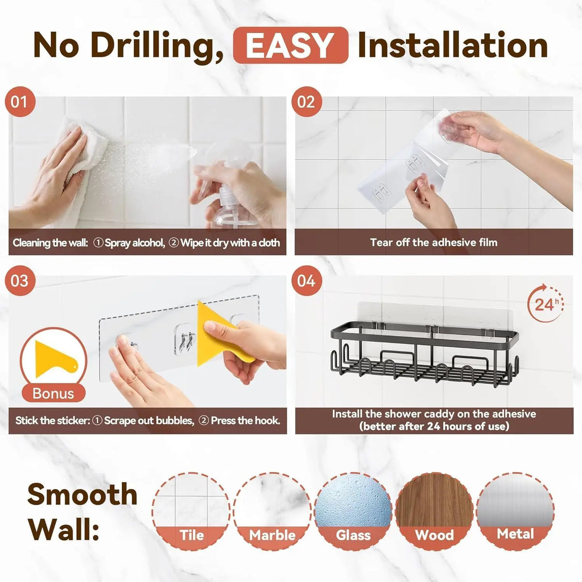No Drill Stainless Steel Adhesive Shower Caddy Wall Shelf Organizer