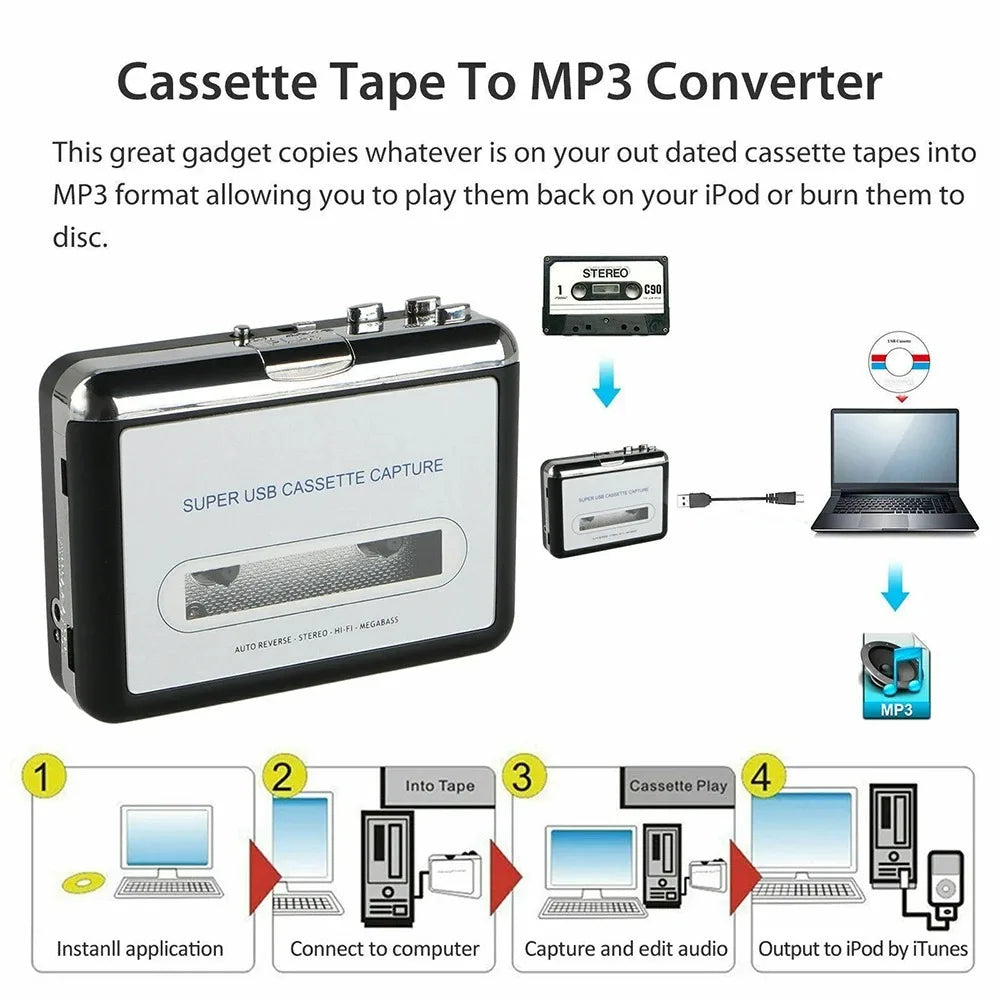 Portable USB Cassette Player and MP3 Converter for Tape Digitizing