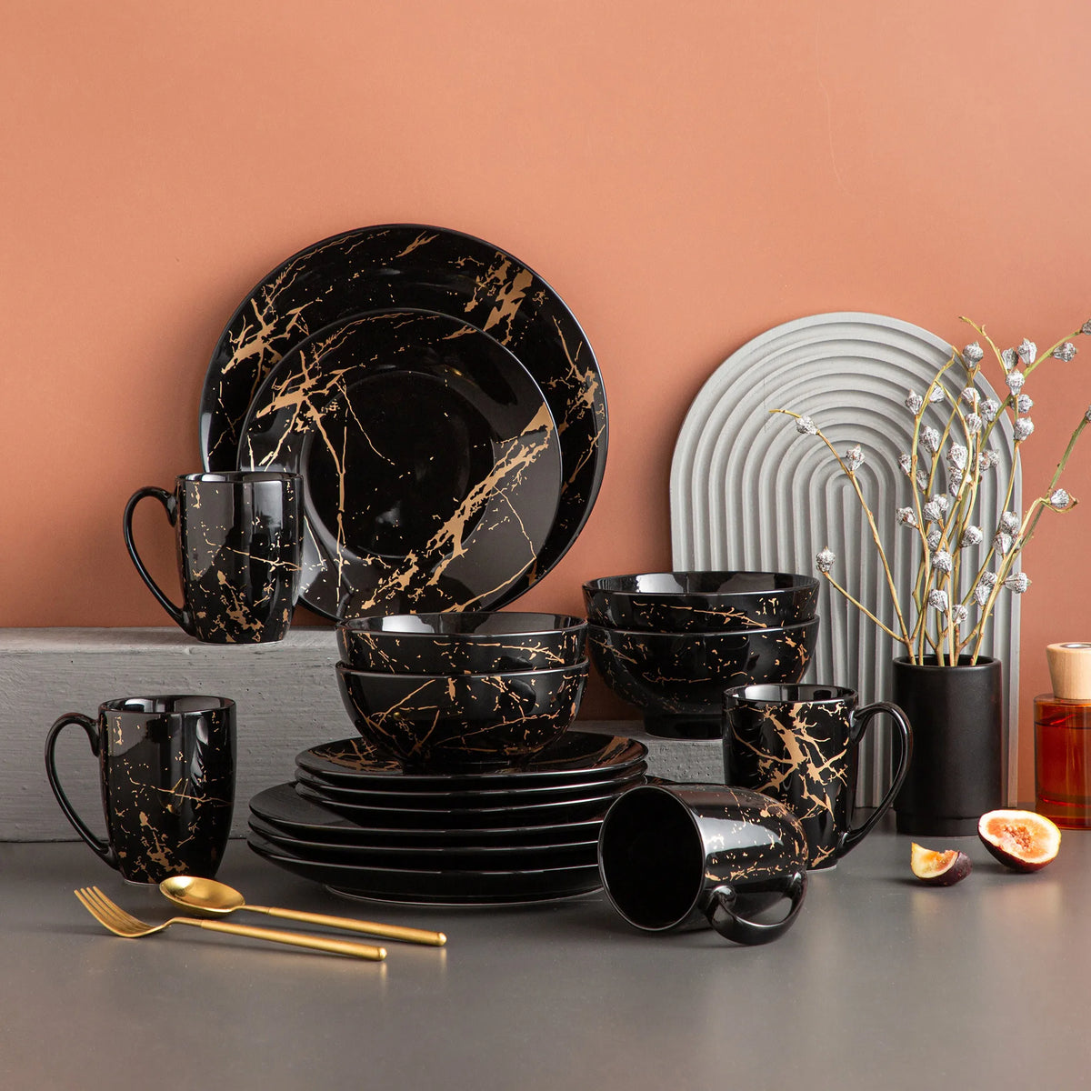 Malacasa Gold Splash Porcelain Dinnerware Set And Serving Bowls
