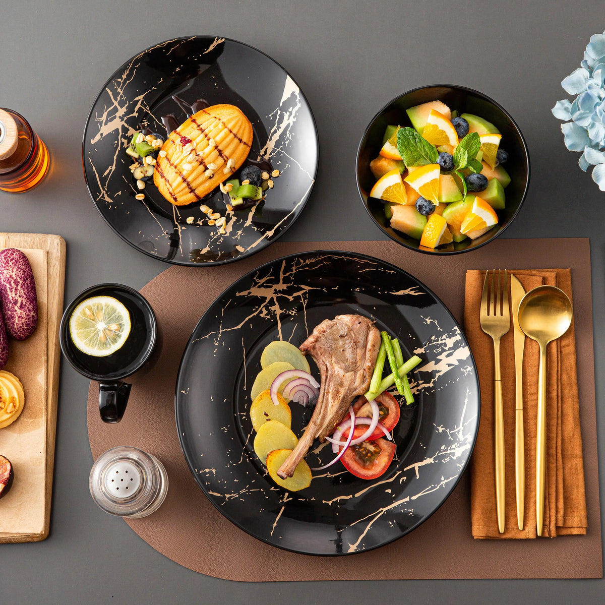 Malacasa Gold Splash Porcelain Dinnerware Set And Serving Bowls