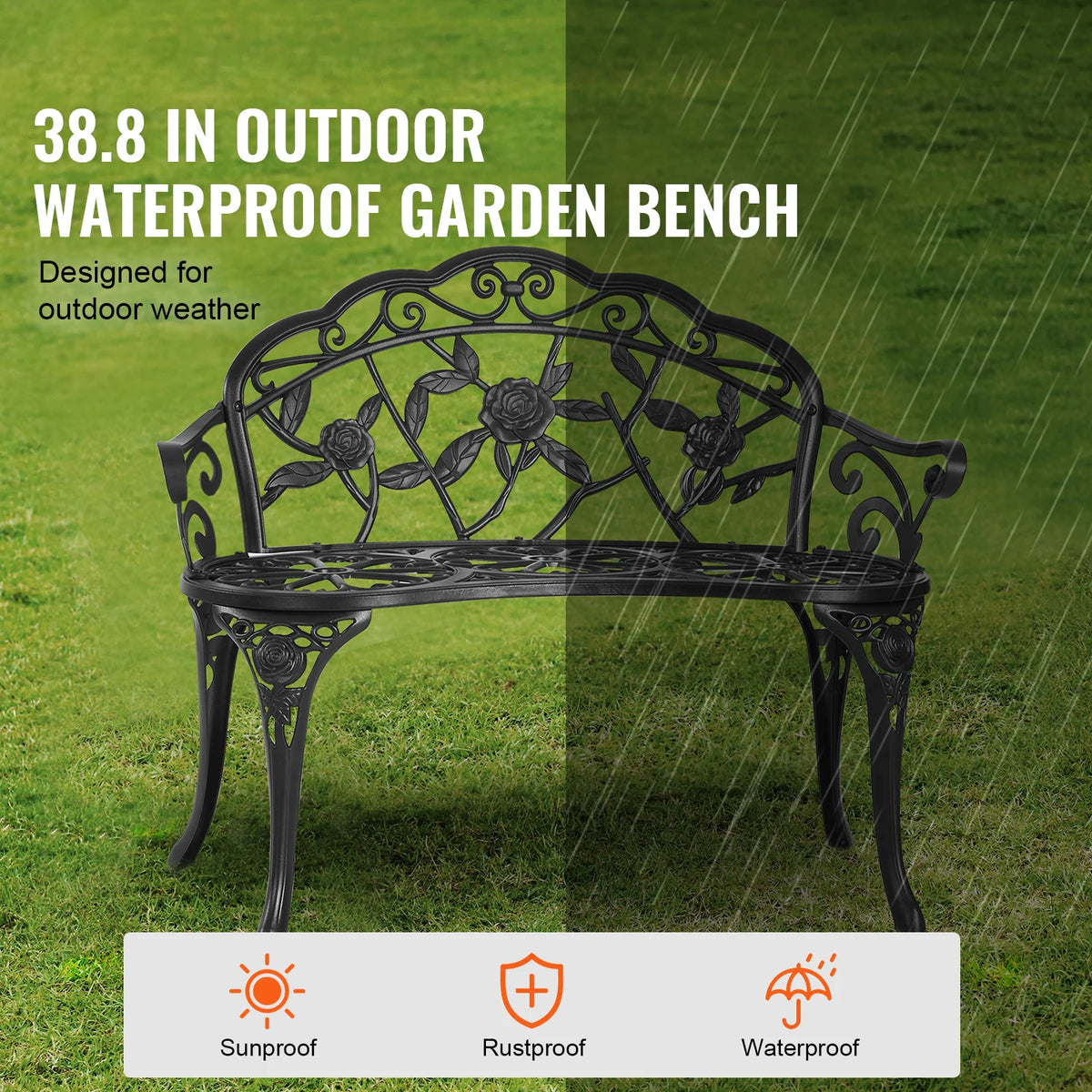 SucceBuy Wooden Outdoor Garden Bench With Sturdy Metal Patio Frame