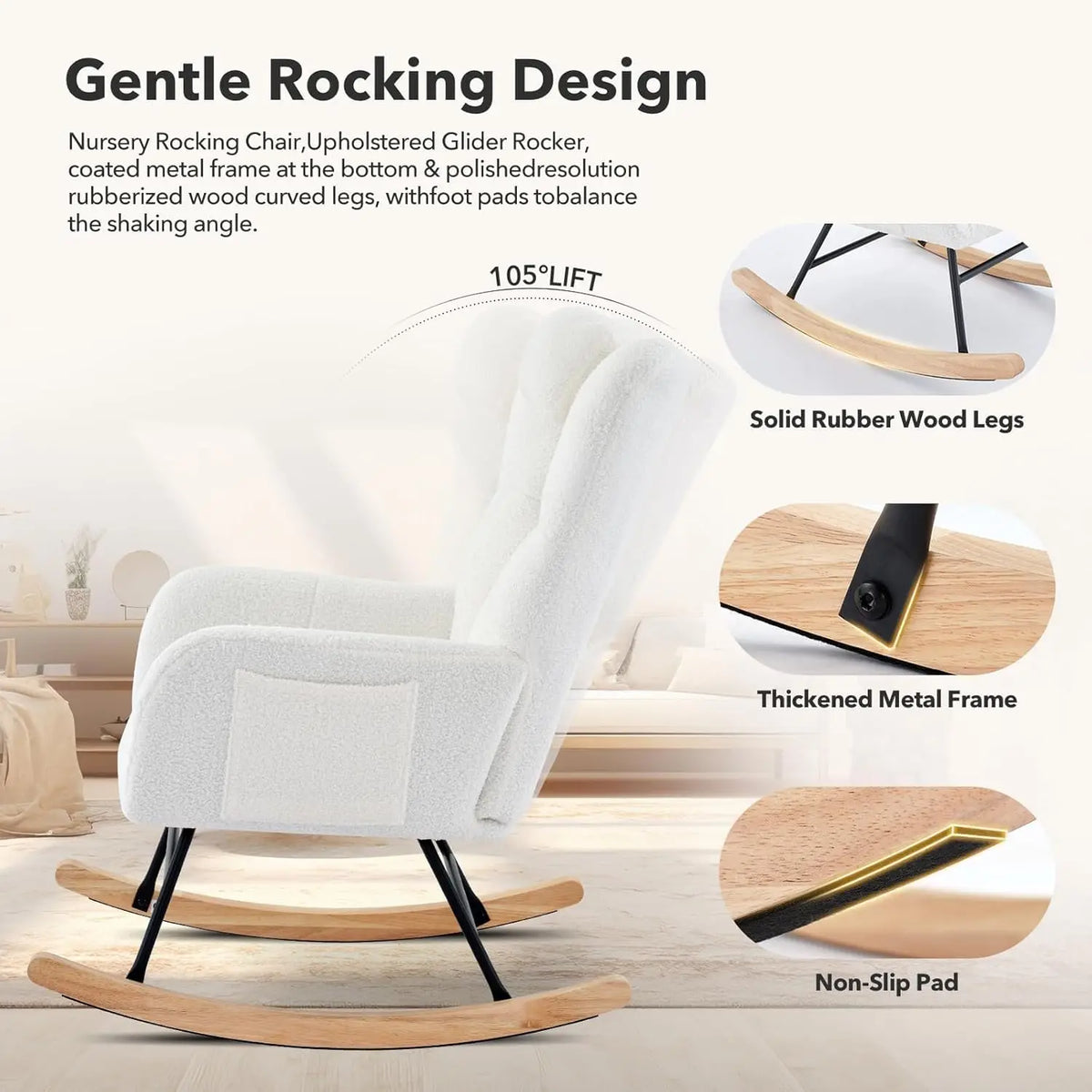 Studyset Modern Teddy Boucle Rocking Chair Side Pocket Living Room