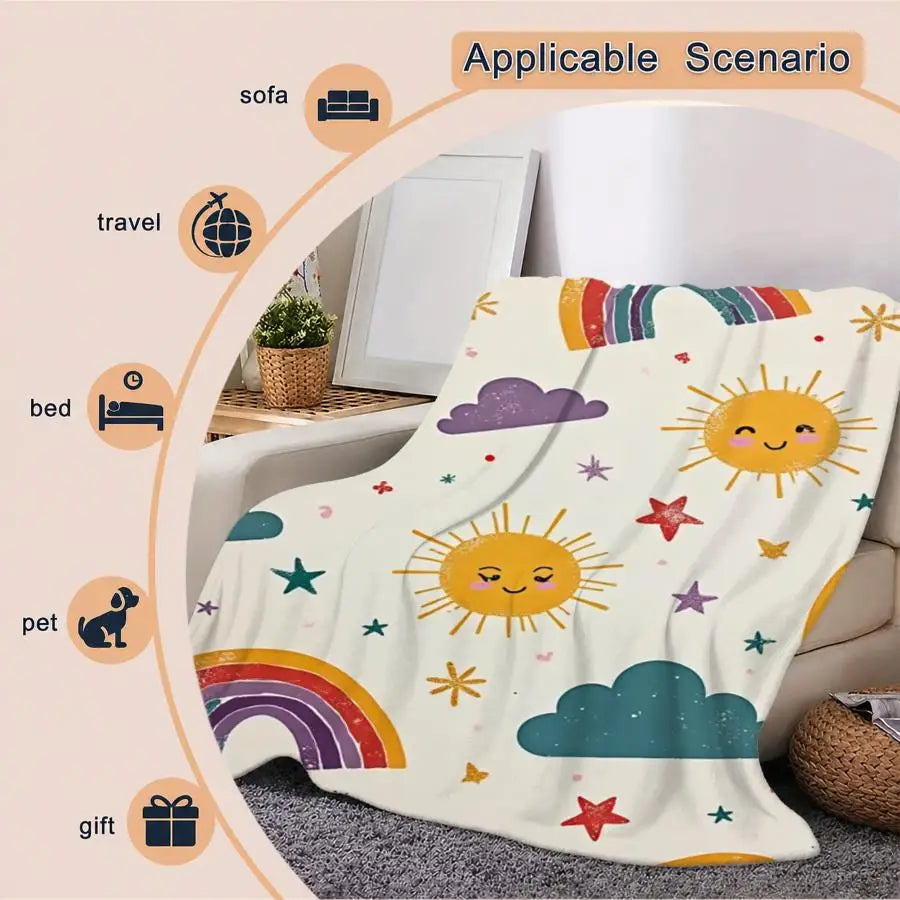 Decorative Flannel Throw Blanket Featuring Sun And Rainbow Motifs