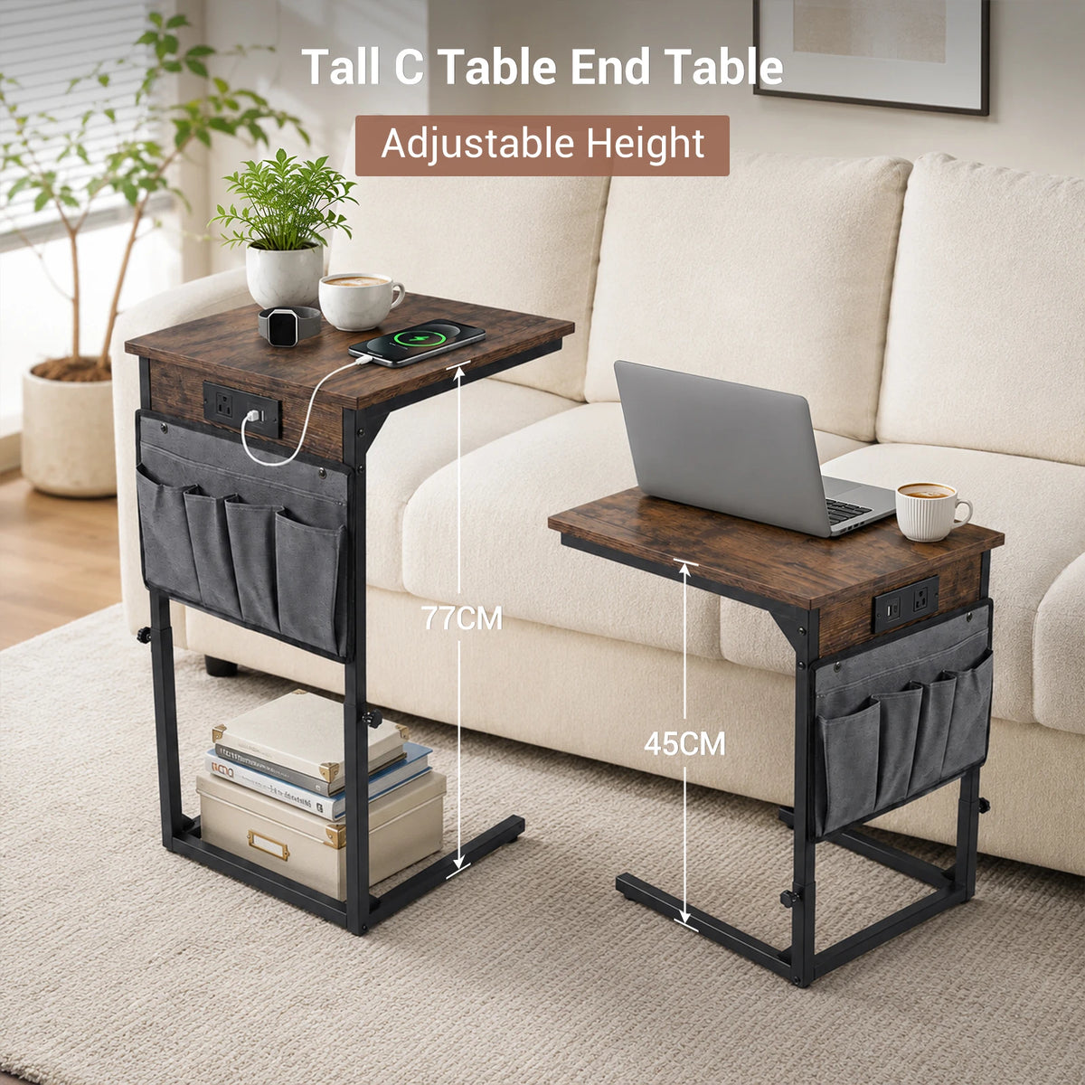 HiMISS Adjustable C Shaped End Table With USB Charging Station