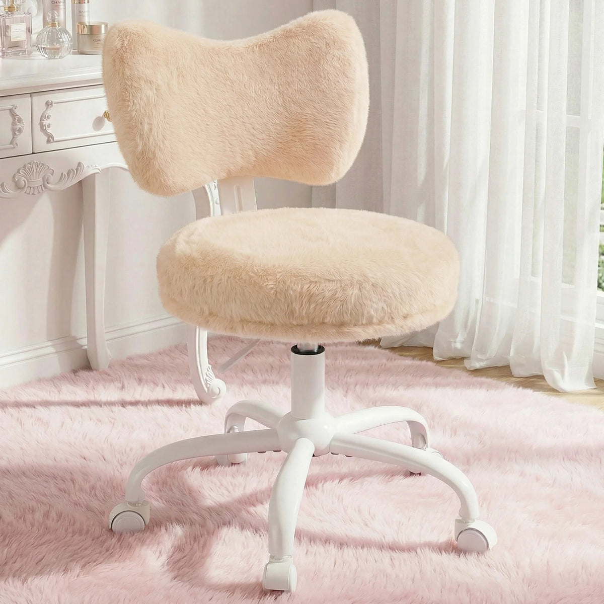 EnHomee Adjustable Faux Fur Vanity Chair With Rotating Base
