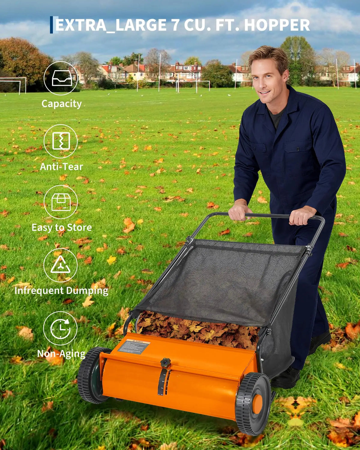 Push Lawn Sweeper With Mesh Bag For Efficient Yard Cleanup
