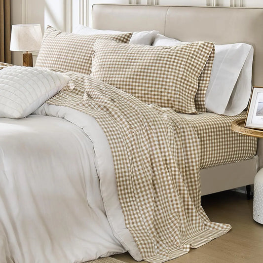 Gingham Washed Cotton Sheet Set Soft Deep Pocket Bedding